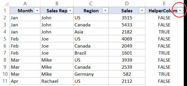 Nhấp vào biểu tượng lọc để xóa dòng thứ 3