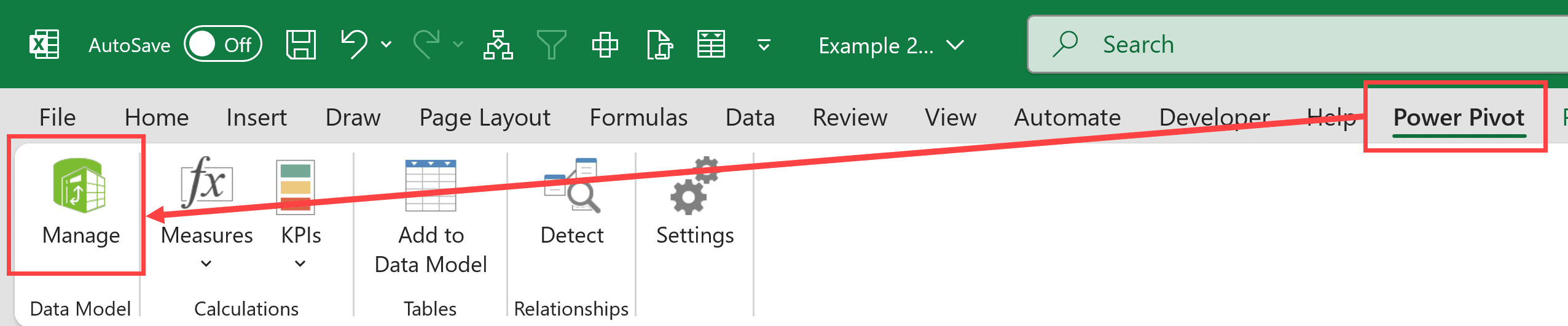 Nhấp vào biểu tượng Manage trong tab Power Pivot
