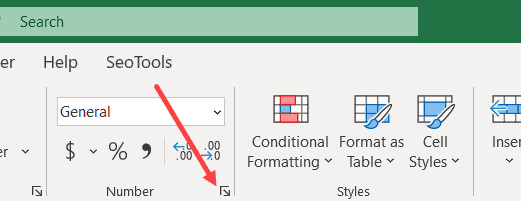 Nhấp vào biểu tượng mở rộng hộp thoại trong nhóm Number