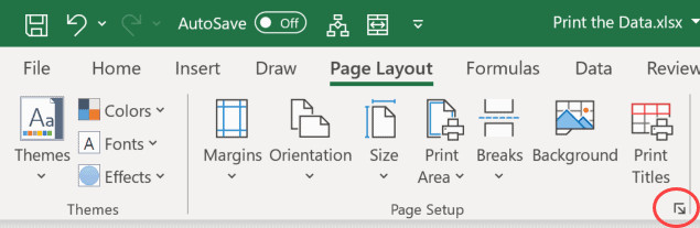 Nhấp vào biểu tượng mũi tên nhỏ để mở hộp thoại Page Setup