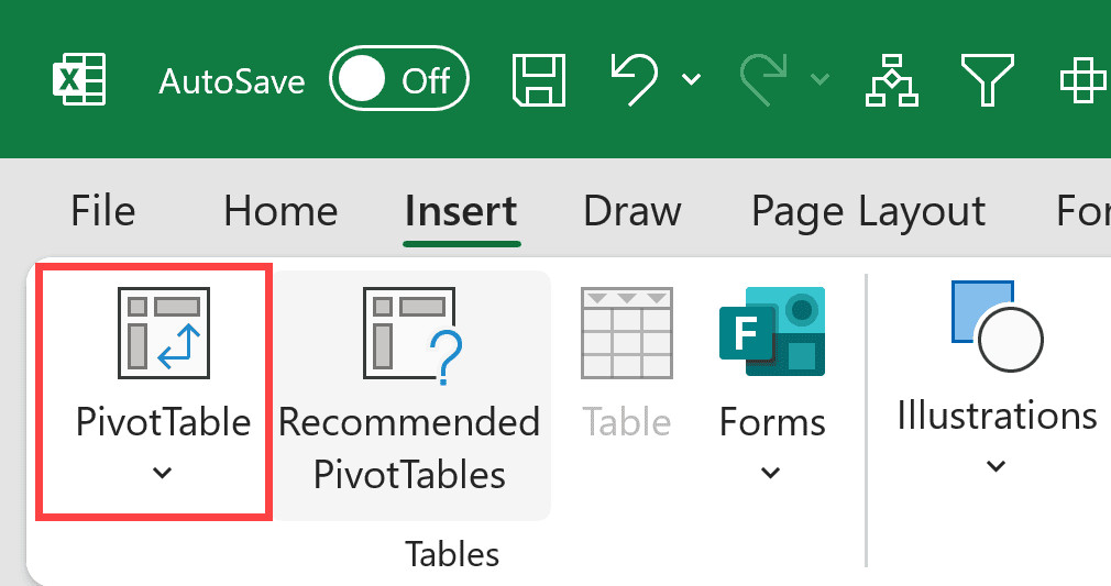 Nhấp vào biểu tượng PivotTable trên thanh công cụ Insert