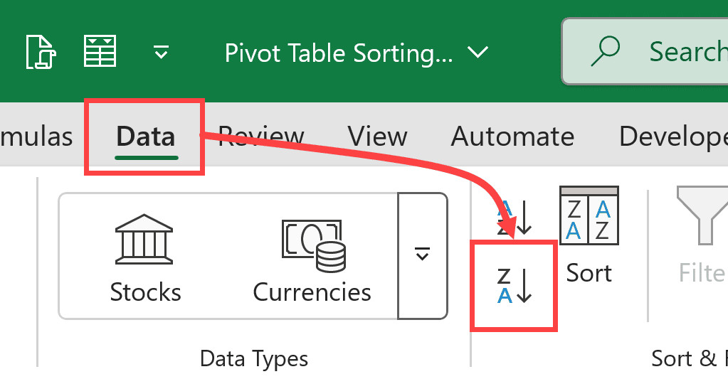 Nhấp vào biểu tượng sắp xếp giảm dần trong tab Data để sắp xếp giá trị