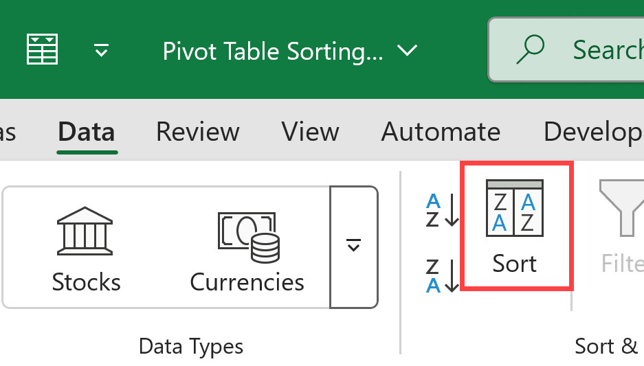 Nhấp vào biểu tượng Sort lớn để mở hộp thoại tùy chọn sắp xếp