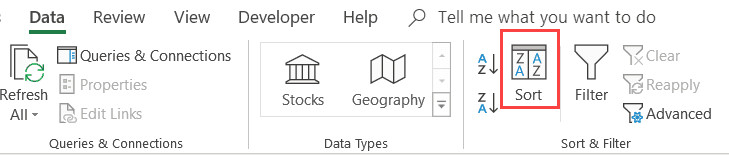 Nhấp vào Biểu tượng Sort trong thẻ data trên Ribbon