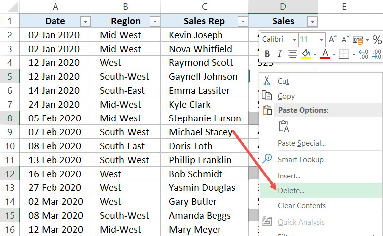 Nhấp vào delete để xóa tất cả các hàng có ô trống