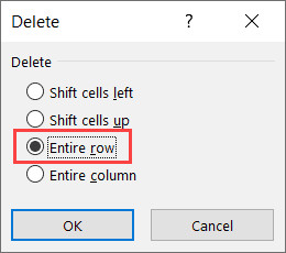 Nhấp vào Entire row để xóa tất cả các hàng đã chọn