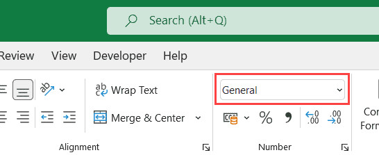 Nhấp vào menu thả xuống định dạng trong nhóm Number