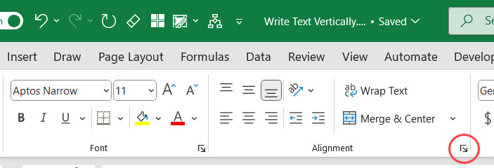 Nhấp vào mũi tên mở rộng trong nhóm Alignment của Excel