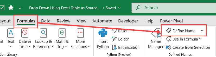 Nhấp vào nút Define Name trên thẻ Formulas