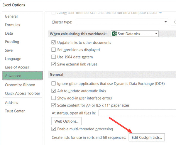 Nhấp vào nút Edit Custom List trong phần General