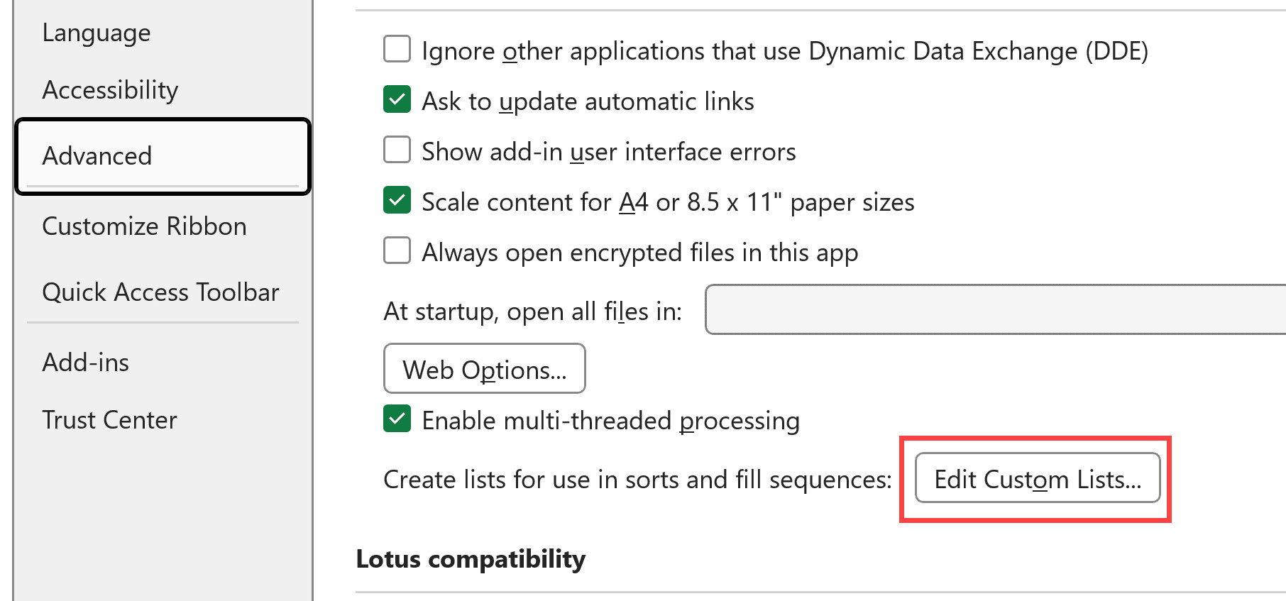 Nhấp vào nút Edit Custom Lists để mở trình quản lý danh sách