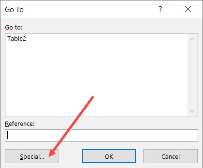 Nhấp vào nút Special trong hộp thoại Go To
