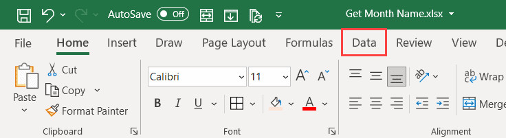 Nhấp vào tab Data trên thanh công cụ