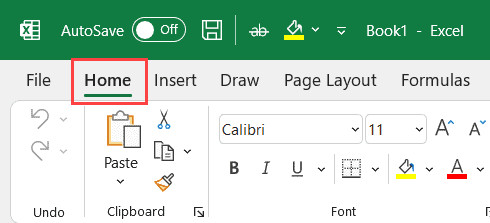 Nhấp vào tab Home trên thanh công cụ Excel để bắt đầu định dạng