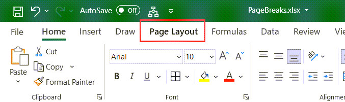Nhấp vào tab Page Layout trên thanh công cụ