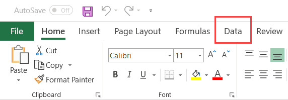 Nhấp vào thẻ Data trên thanh công cụ ribbon