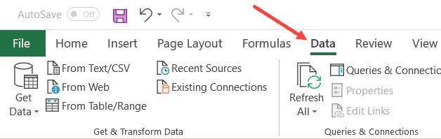 Nhấp vào thẻ Data trên thanh công cụ
