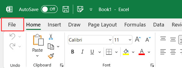 Nhấp vào thẻ File trên thanh Ribbon của Excel