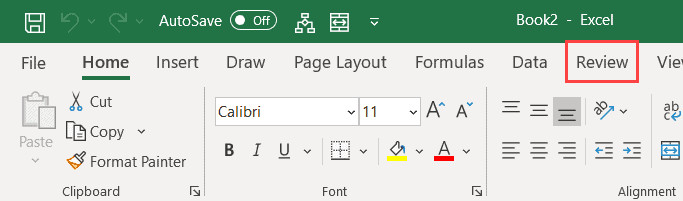 Nhấp vào thẻ Review trên thanh công cụ ribbon