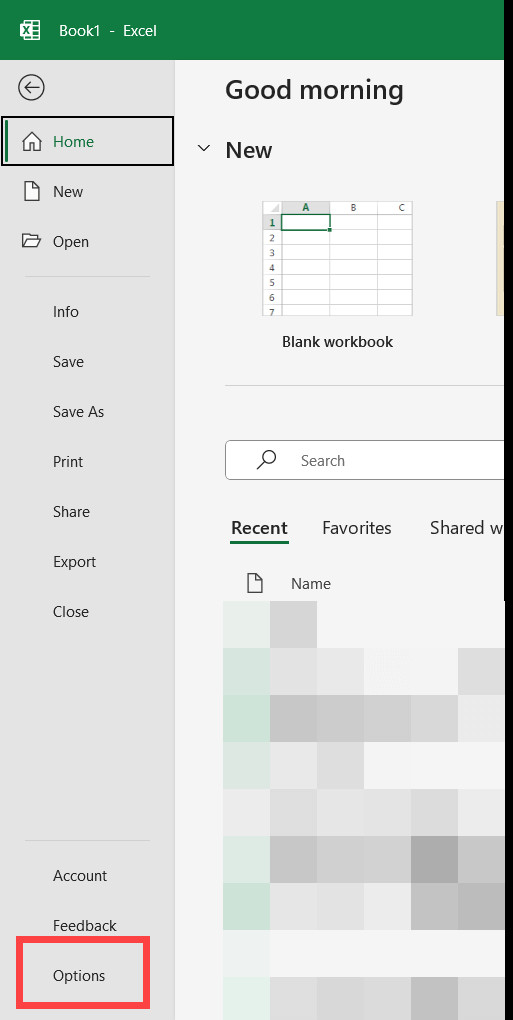 Nhấp vào tùy chọn Account hoặc Options trong menu bên trái