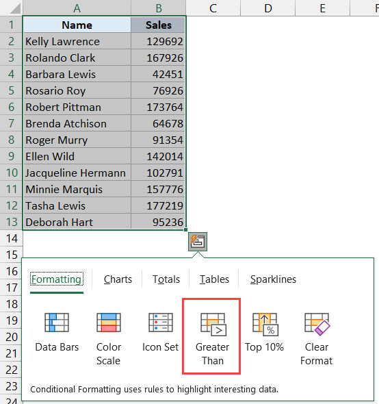 Nhấp vào tùy chọn Greater Than