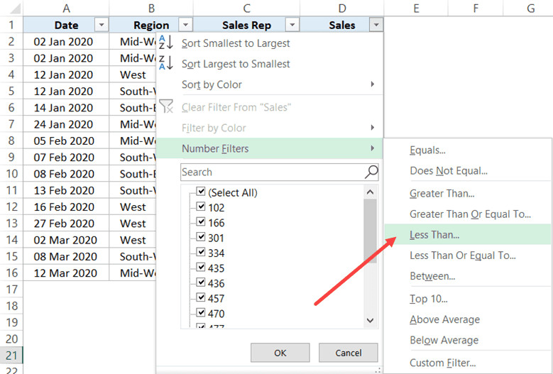 Nhấp vào tùy chọn Less than trong bộ lọc số
