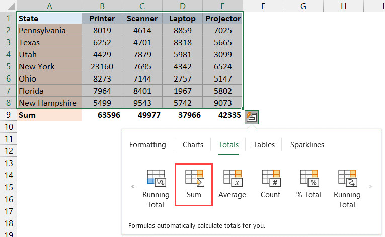Nhấp vào tùy chọn Sum màu vàng