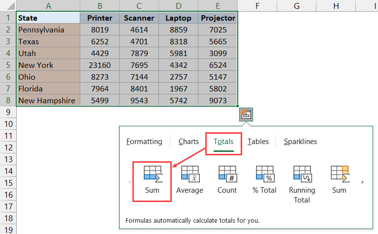 Nhấp vào tùy chọn Sum màu xanh