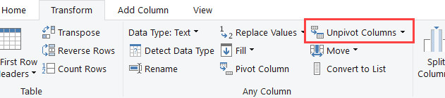 Nhấp vào tùy chọn Unpivot Columns