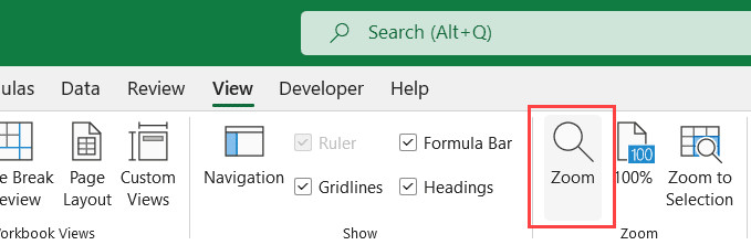 Nhấp vào tùy chọn Zoom trong nhóm công cụ View