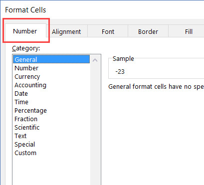 Number tab in Format Cells dialog box