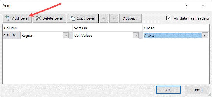 Nút Add Level để thêm cấp độ sắp xếp mới