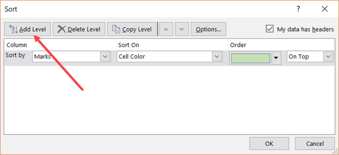 Nút Add Level dùng để thêm điều kiện sắp xếp thứ hai trong Excel