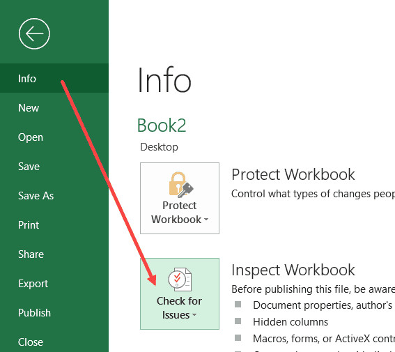 Nút Check for Issues trong menu File Info