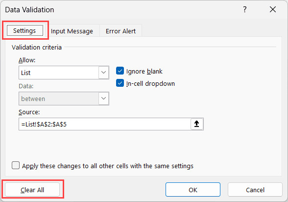 Nút Clear All trong hộp thoại Data Validation để xóa quy tắc