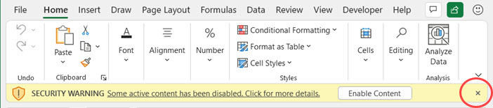 Nút đóng thanh cảnh báo bảo mật màu vàng