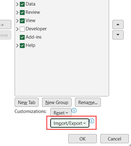 Nút Import/Export để quản lý file cấu hình