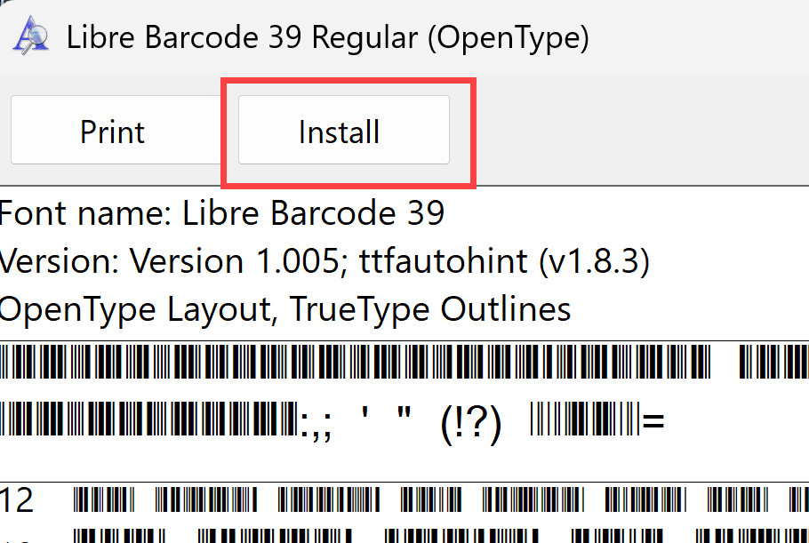 Nút Install trên hộp thoại font chữ để cài đặt vào hệ thống