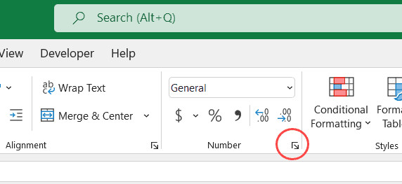 Nút mở rộng hộp thoại Format Cells trong nhóm Number