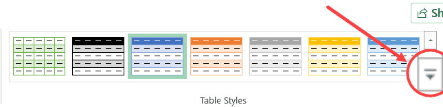 Nút mở rộng trong phần Table Styles để xem thêm tùy chọn