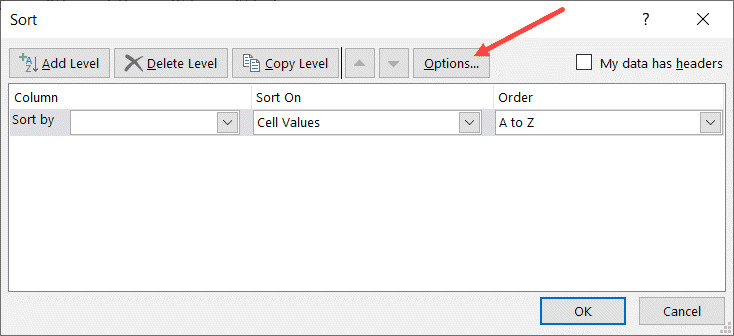 Nút Options trong hộp thoại Sort