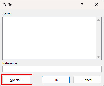 Nút Special trong hộp thoại Go To của Excel