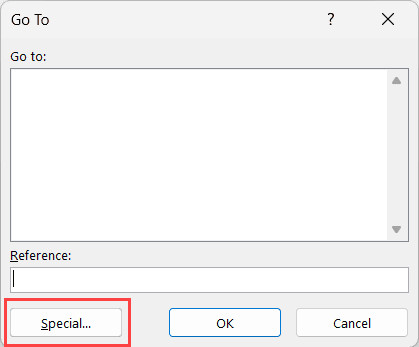 Nút Special trong hộp thoại Go To để mở tùy chọn nâng cao
