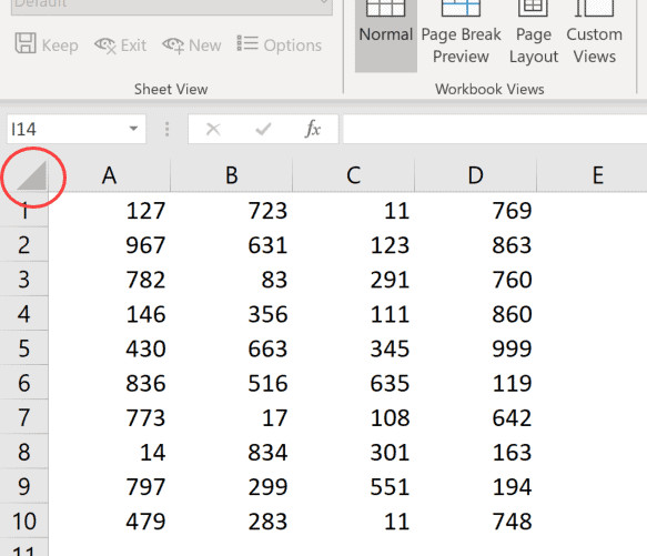 Nút tam giác góc trái trên cùng để chọn toàn bộ trang tính
