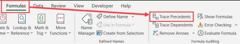 Nút Trace Precedents trên thanh công cụ giúp vẽ đường dẫn tham chiếu của công thức