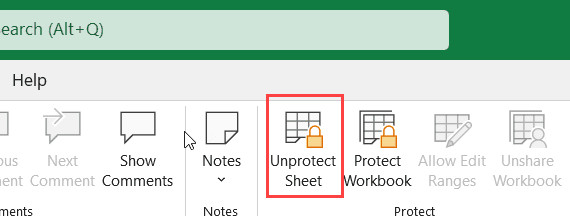 Nút Unprotect Worksheet nằm trong thẻ Review
