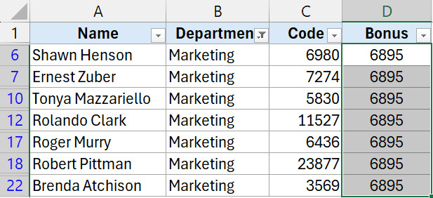 Ô được sao chép đã được dán vào các ô đã lọc