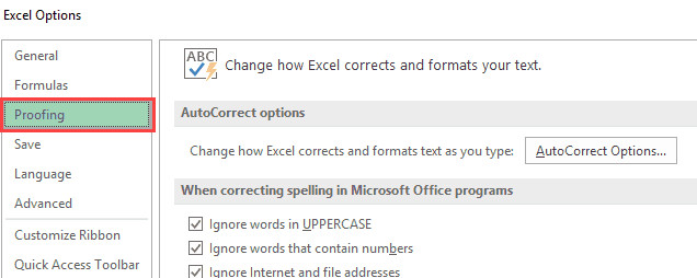 Proofing option in the left pane