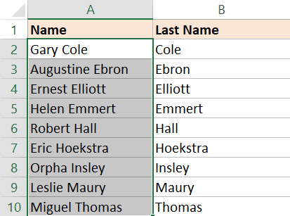 Result of Text to Columns to extract the last name and then sort by it