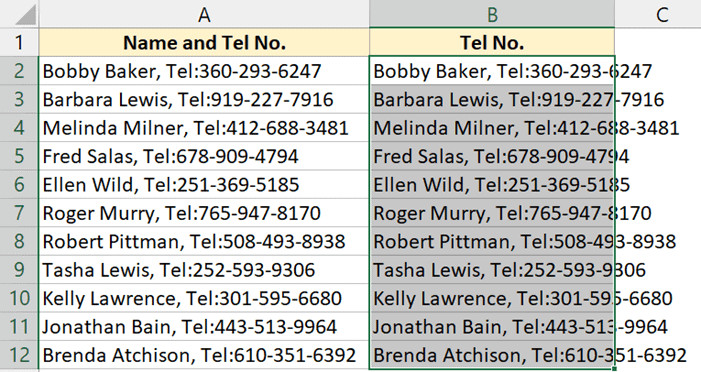 Sao chép dữ liệu sang cột B để xử lý
